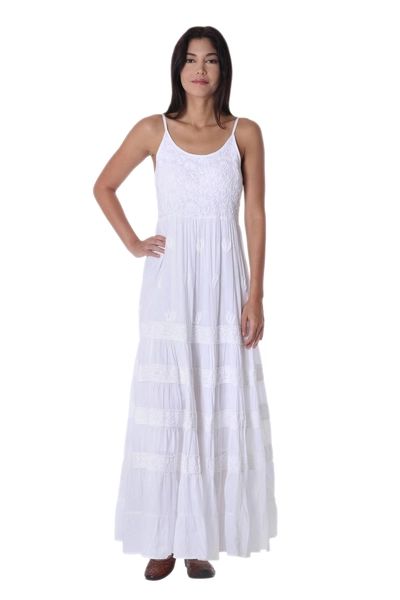 White Cotton Maxi Dress Handmade in India | NOVICA