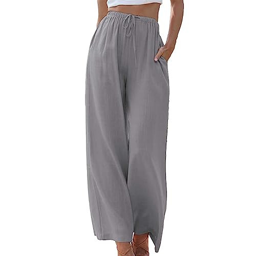 Duyang Womens Cotton Linen Palazzo Pants Drawstring Elastic Waist Casual Wide Leg Trousers with Pockets(Gray,XS) | Amazon (US)