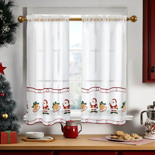 Deconovo Christmas Kitchen Curtains, Embroidered Santa Claus Tier Curtains, Semi Sheer Cafe Curtains with Rod Pocket, Light Filtering Short Curtains for Door Windows, 28W x 36L, 2 Panels | Amazon (US)