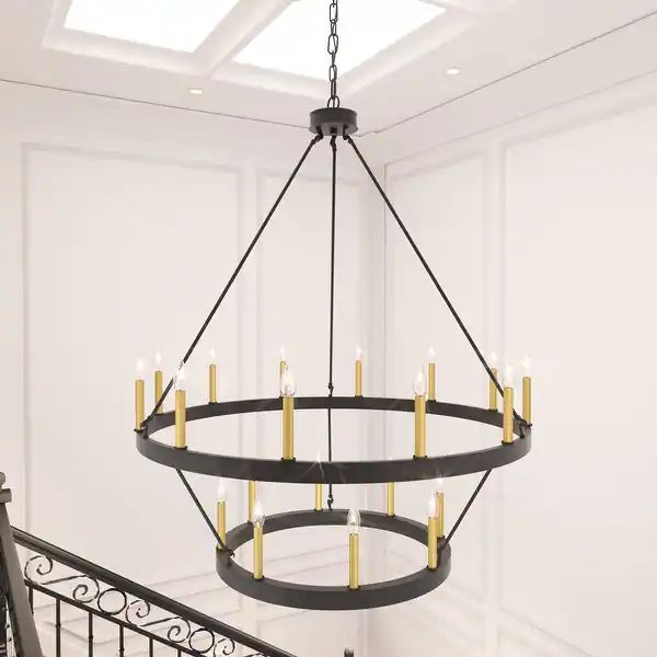 Acroma 20-light Modern Farmhouse 40In Round Wagon Wheel Chandelier with UL - Black Gold | Bed Bath & Beyond