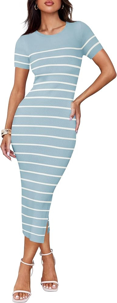 ZESICA Women's 2025 Summer Bodycon Midi Dress Striped Short Sleeve Ribbed Knit Slim Fit Side Slit... | Amazon (US)