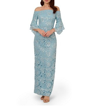 Sequin Lace Off-The-Shoulder Neck 3/4 Flutter Sleeve Column Gown | Dillard's