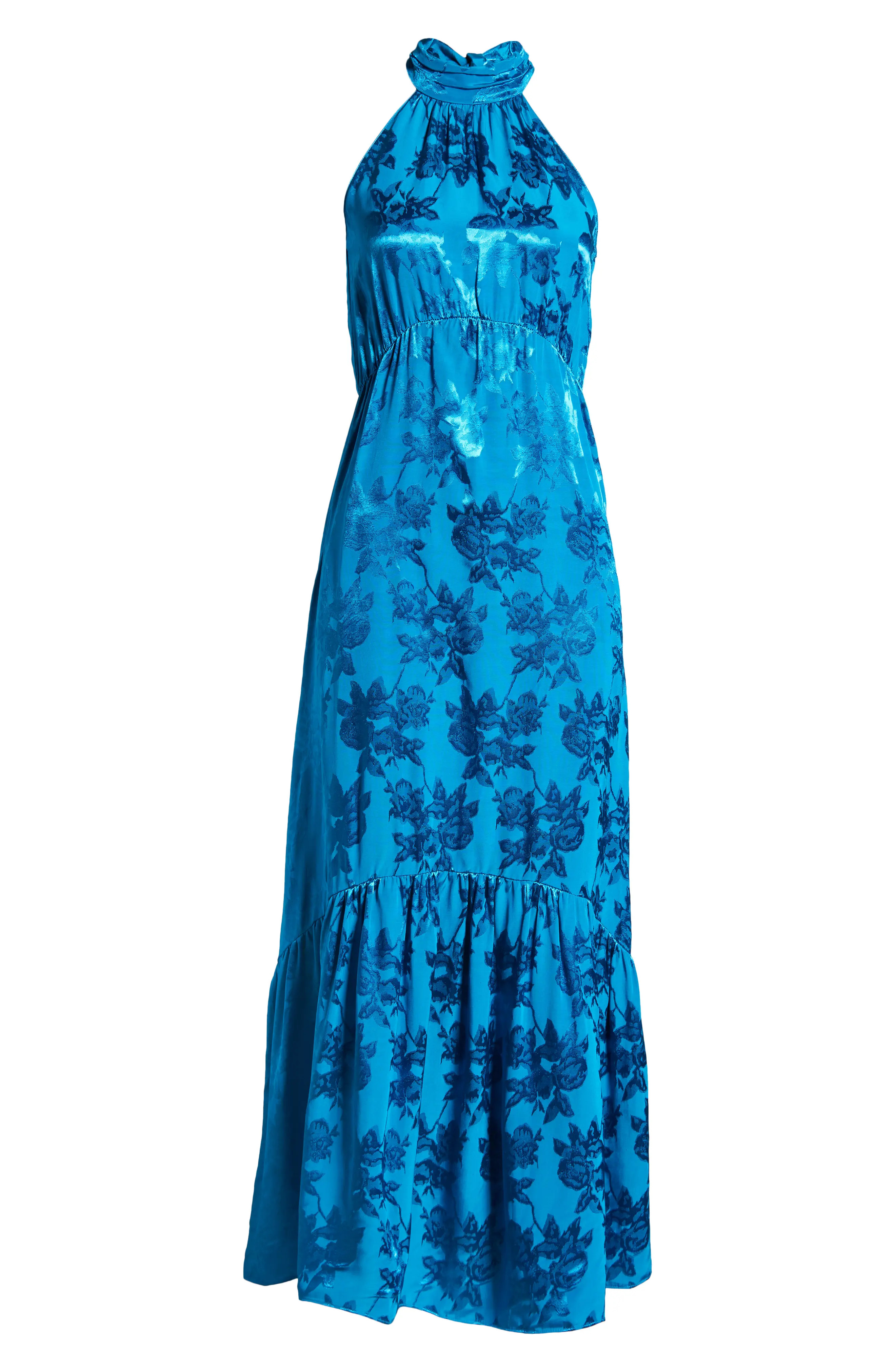 Saylor Corinna Floral Halter Neck Evening Dress in Mykonos Blue at Nordstrom, Size Medium | Nordstrom