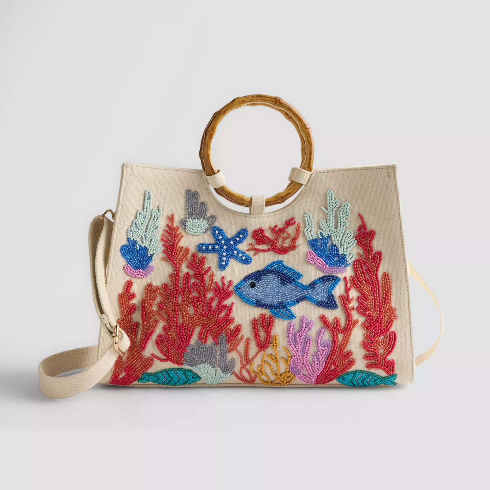 Sol and Mer Boxy Beaded Tote Bag with Round Bamboo Handles & Removable Crossbody Strap | Kohl's