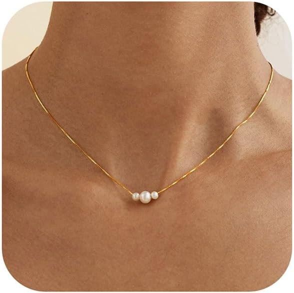 Gold Pearl Necklaces for Women Trendy, 14K Gold Plated Dainty Necklace Simple Layered Pearl Neckl... | Amazon (US)