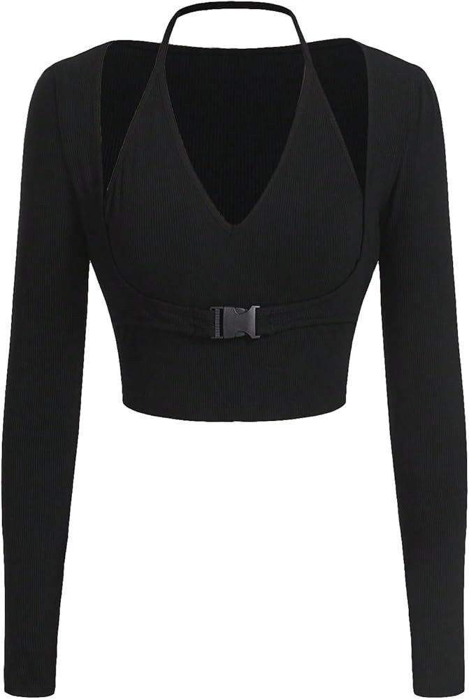 GORGLITTER Women's Y2k Buckle Halter V Neck Crop Tee Long Sleeve Ribbed Knit Tops | Amazon (US)