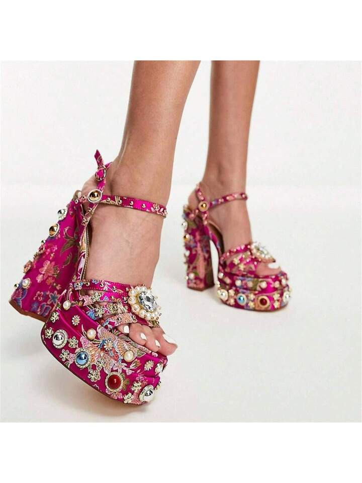 ARQA Womens Ankle Strap Heeled Sandals Rhinestones Diamonds Platform Chunky Block High Heels Buck... | SHEIN