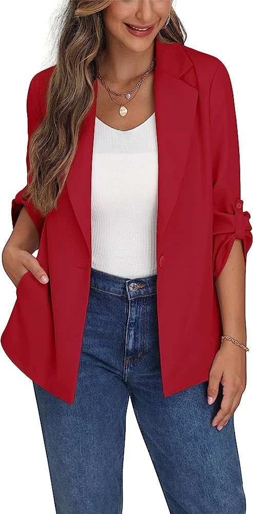 GRECERELLE Womens Long Sleeve Lapel Open Front Casual Blazers Jacket with Pockets for Work Office | Amazon (US)