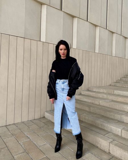 Spring outfit inspo 

Black bomber jacket 
Black top
Long denim skirt
Black boots

#LTKitbag #LTKsalealert #LTKSeasonal #LTKshoecrush #LTKstyletip #LTKunder100 #LTKtravel #LTKunder50 #LTKworkwear #LTKFind #LTKfamily #LTKeurope #LTKbeauty