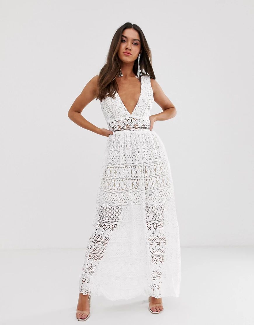 Love Triangle plunge front delicate lace maxi dress in white | ASOS (Global)