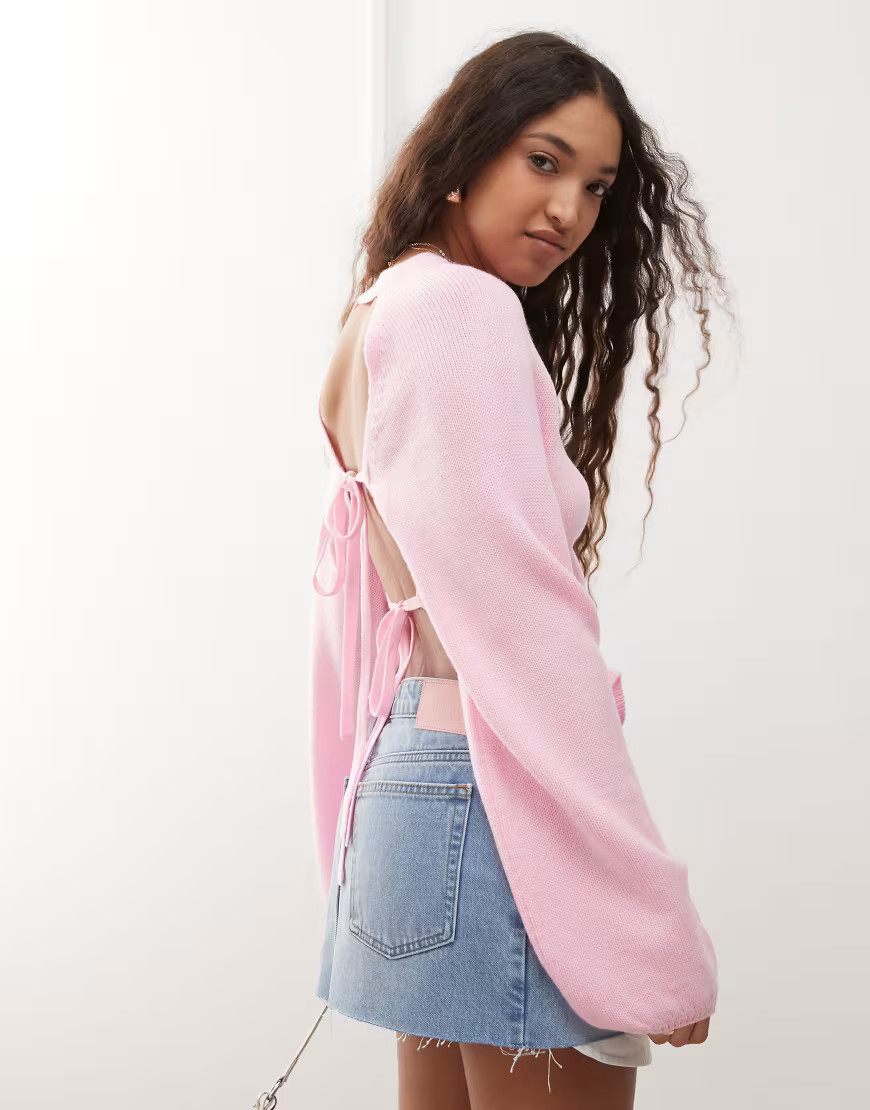 Miss Selfridge double tie back open back sweater in pink | ASOS (Global)