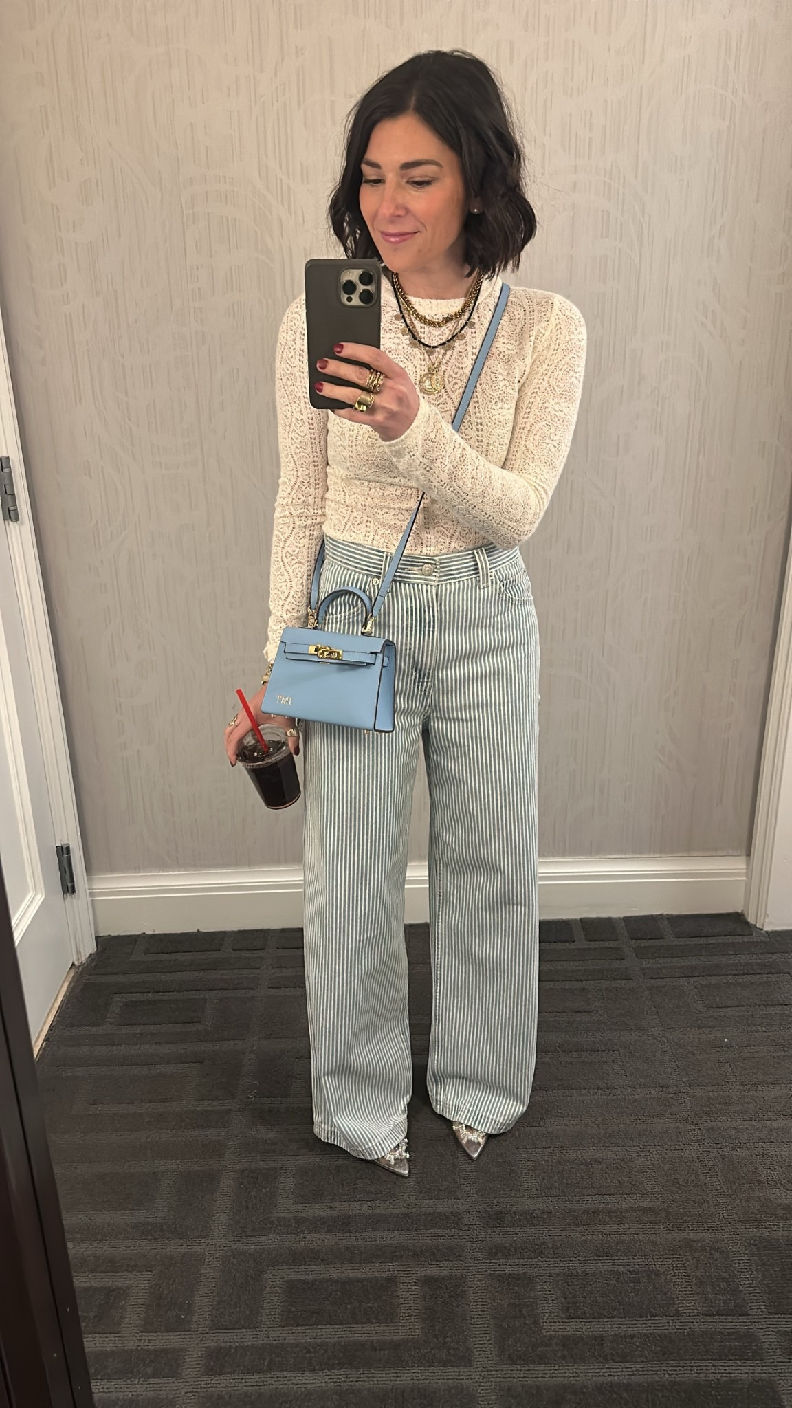 This combo 😍😍 this entire look is under $100 because of the sale! 

I’m always such a fan of mixing textures and patterns and this mesh-like-lace sweater paired with the vertical railroad carpenters is just perfection 🤌🏼

#LTKFindsUnder100 #LTKStyleTip #LTKWorkwear