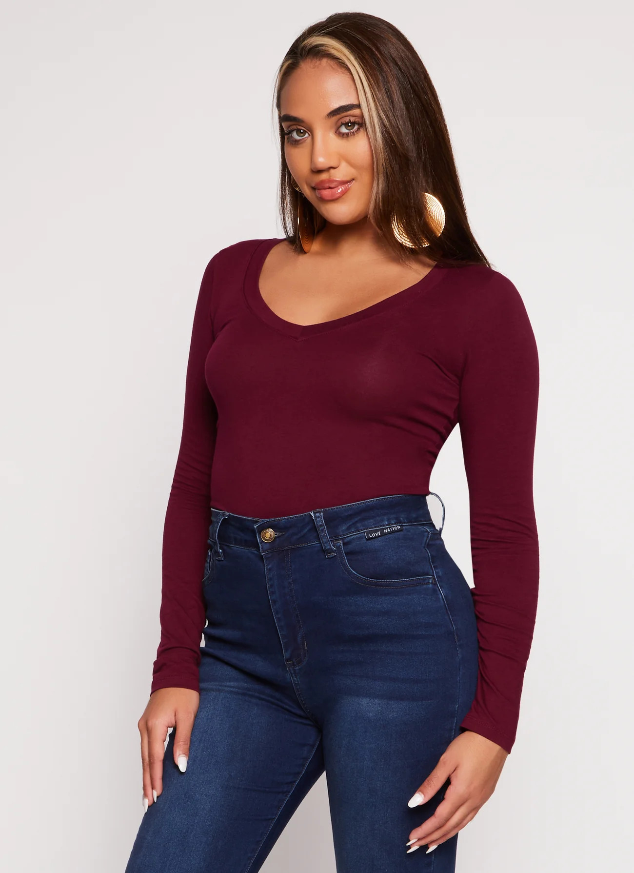 Basic V Neck Long Sleeve Top | Rainbow Shops