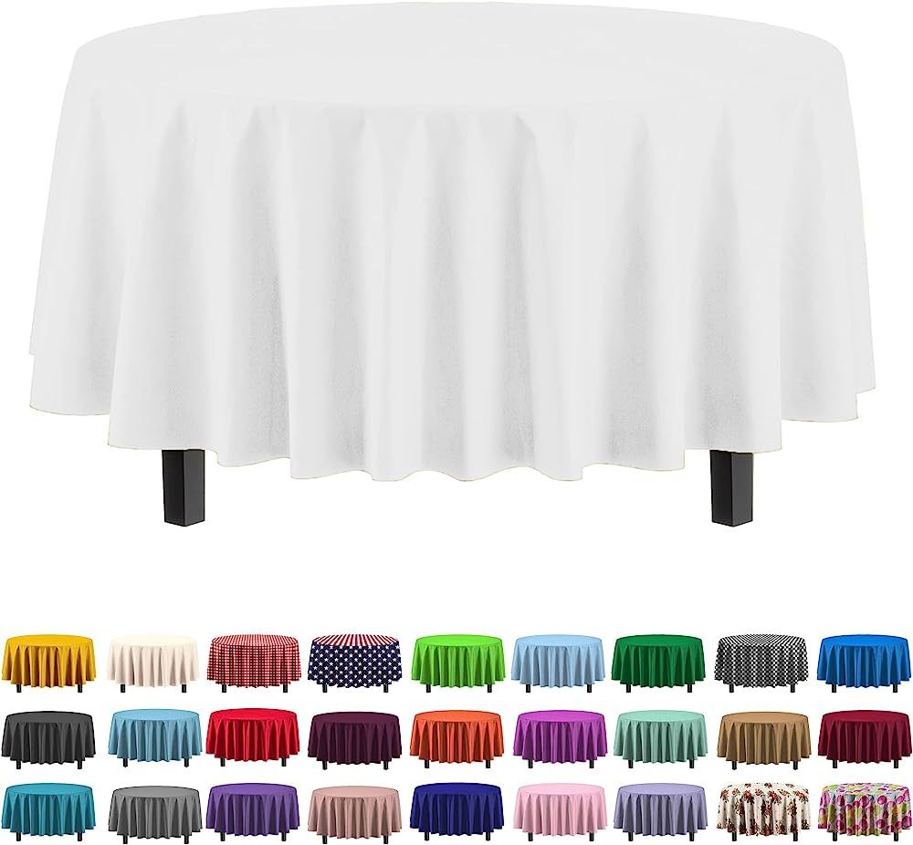 12-Pack Premium Plastic Tablecloth 84in. Round Table Cover - White | Amazon (US)