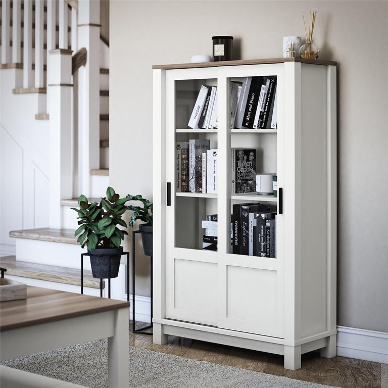 Better Homes & Gardens Langley Bay Rustic Farmhouse Bookcase Cabinet with Sliding Glass Doors, Wh... | Walmart (US)