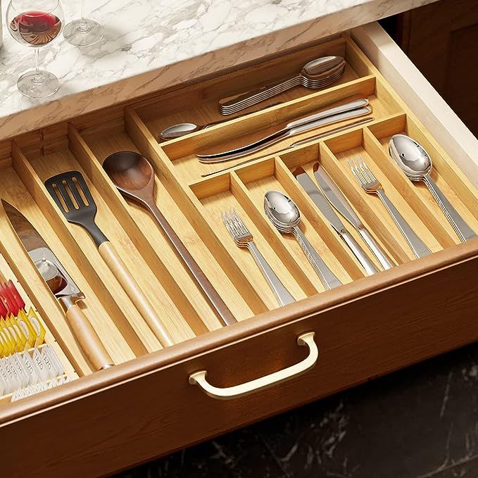SpaceAid Bamboo Silverware Drawer Organizer with Labels, Kitchen Utensil Expandable Tray Holder O... | Amazon (US)