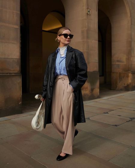 Spring style, transitional style, outfit inspiration, leather trench, blue striped shirt, beige trousers, cream bag, beige high neck top, COS, John Lewis, Mango 

#LTKeurope #LTKstyletip #LTKSeasonal