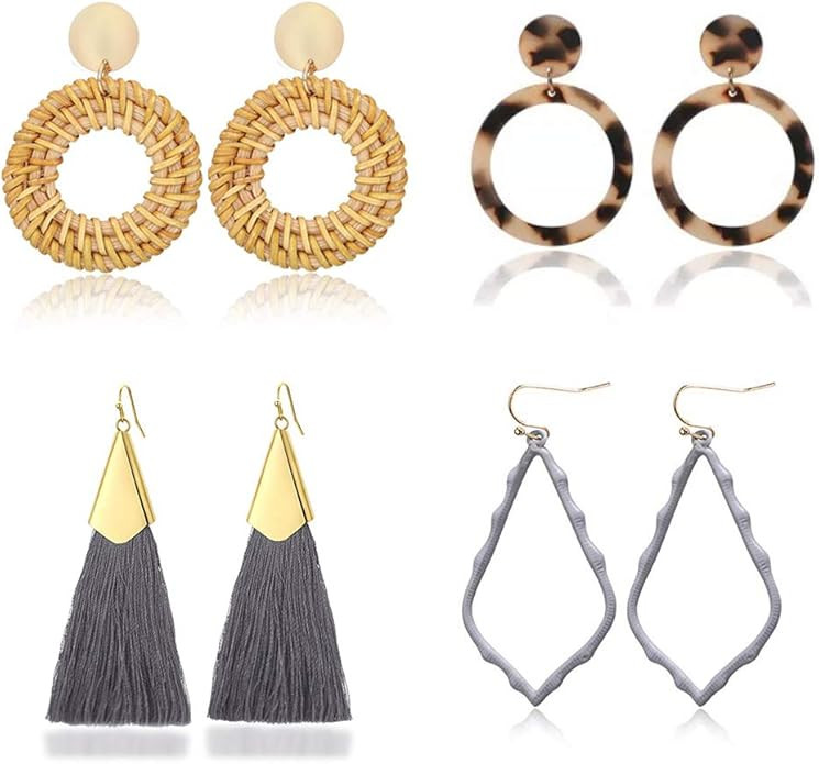 4 Pairs Set,Handmade Rattan Earrings Straw Wicker Braid Drop Dangle,Hoop Tassel Earrings for Wome... | Amazon (US)