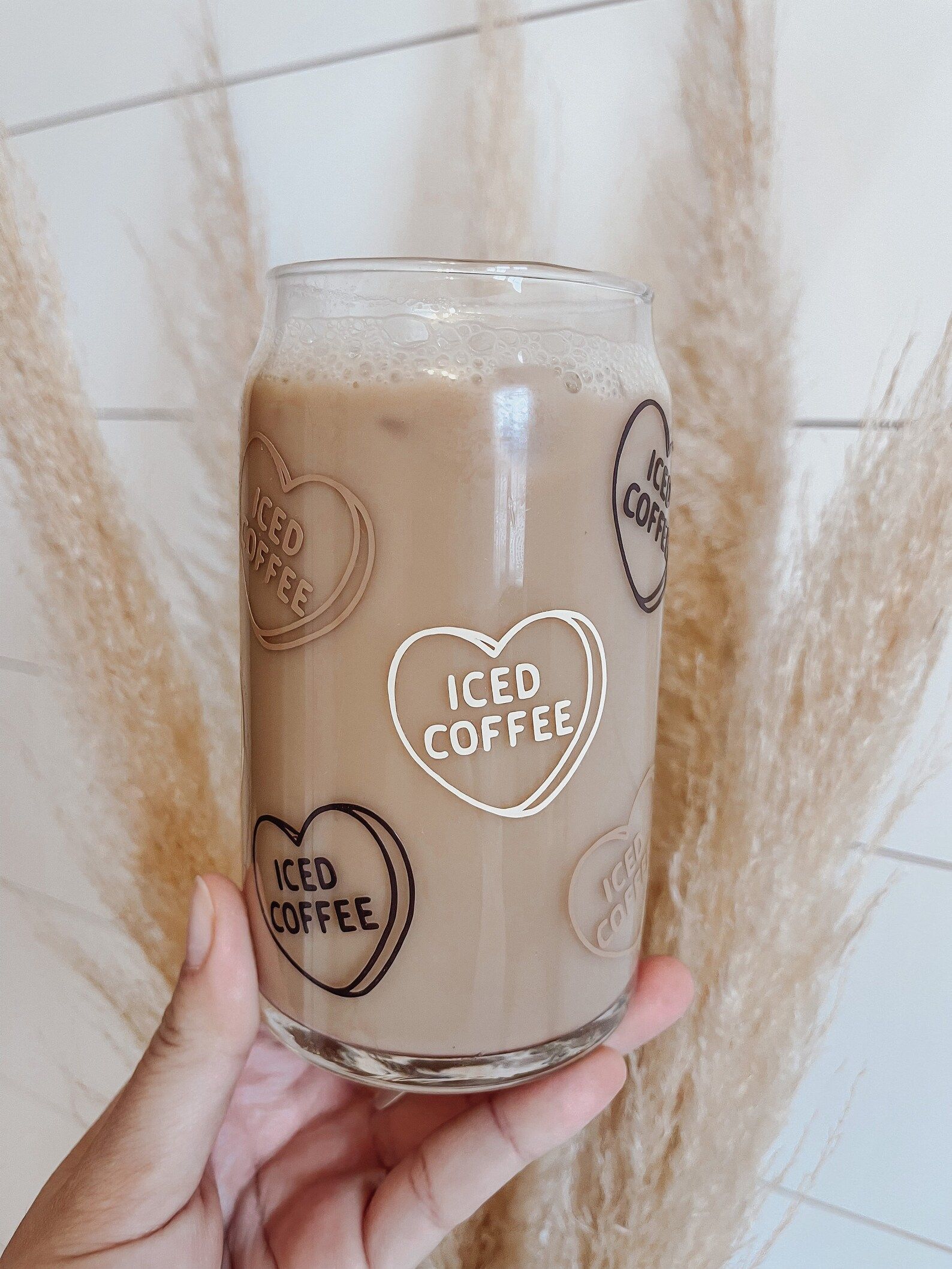 Iced Coffee Hearts Glass Cup, Iced Coffee Glass Cup, Beer Glass Can, Valentines Day Coffee Cup, S... | Etsy (US)