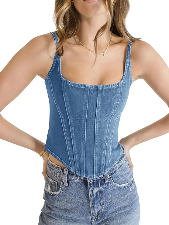 Imily Bela Womens Sleeveless Denim Vest Crop Tank Tops Spaghetti Straps Slim Fit Summer Cami Top | Amazon (US)