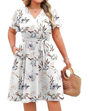 IN'VOLAND Women's Plus Size V Neck Knee Length Dress Casual Floral Dresses Summer Short Sleeve Su... | Amazon (US)