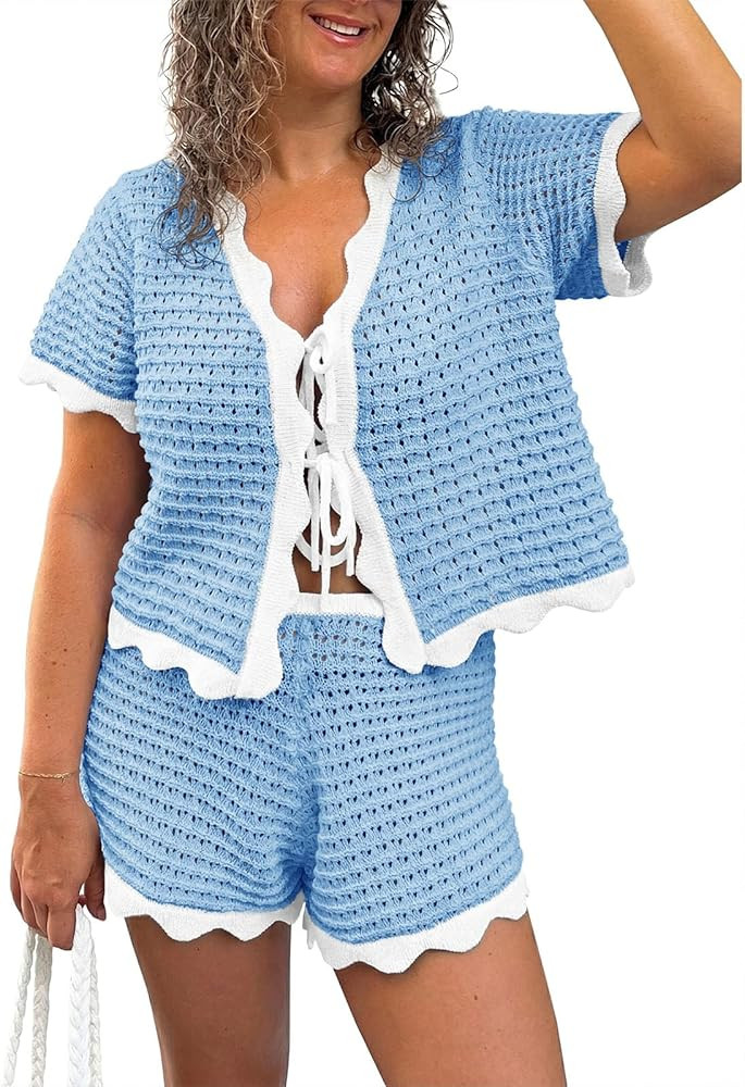 Fisoew Womens 2 Piece Swimsuit Crochet Cover Up Short Sleeve Tops Tie Front Shorts Sets Summer Be... | Amazon (US)