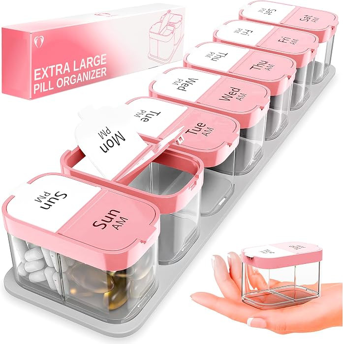 Extra Large Weekly Pill Organizer - XL Vitamin Holder with 7 Detachable AM PM Compartments - Port... | Amazon (US)