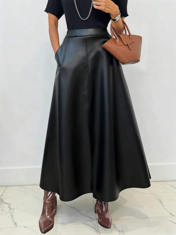 EARO Chic Plus Size Black PU Leather Maxi Skirt With Elastic Waistband, Basic A-Line Long Skirt For Women, Autumn/Winter | SHEIN