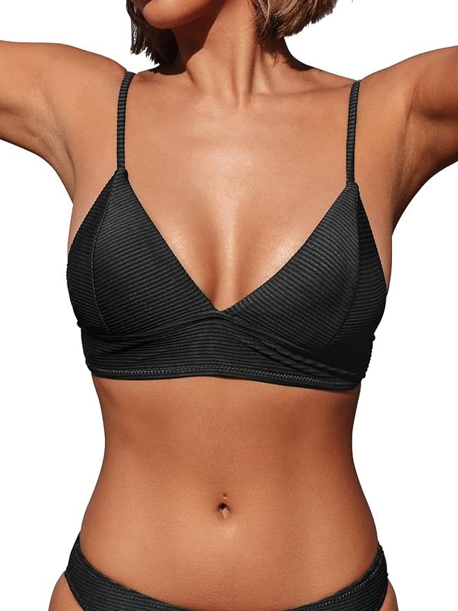 CUPSHE Bikini Top for Women Swimsuit V Neck Ribbed Adjustable Spaghetti Straps Bathing Suit | Amazon (US)