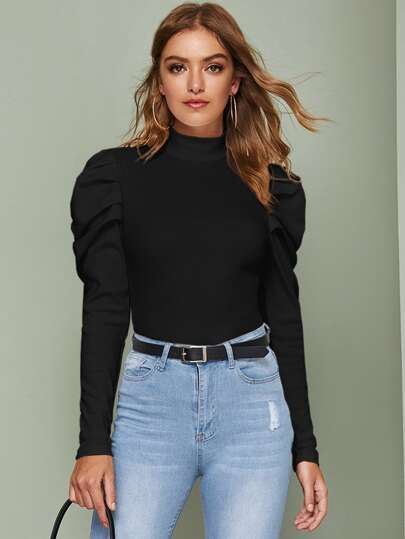 High Neck Gigot Sleeve Tee | SHEIN