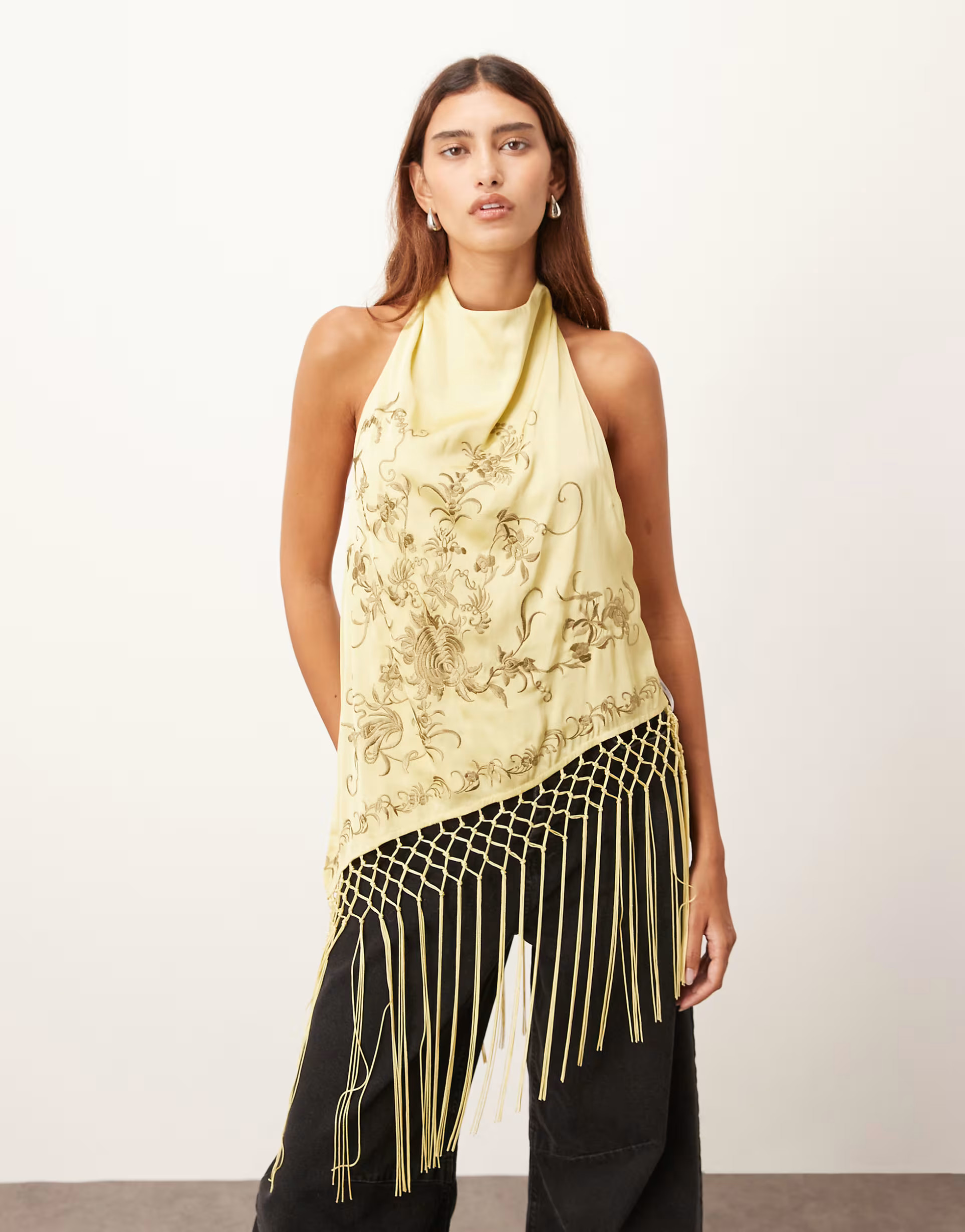 ARRANGE embroidered halterneck asymmetric fringe hem longline top in olive green | ASOS | ASOS (Global)