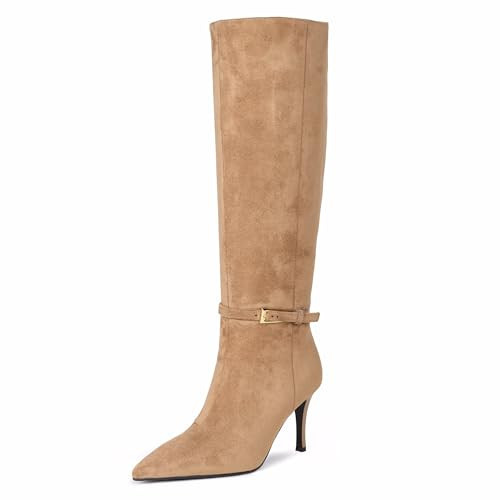 COMJUY Beige Suede Knee High Boots Women Stiletto High Heel 3.3in, Side Zipper Pointed Toe Metal Buckle Tall Boots Dress Boots for Women, Comfortable Faux Leather Below the Knee Long Boots Size 9.5 | Amazon (US)