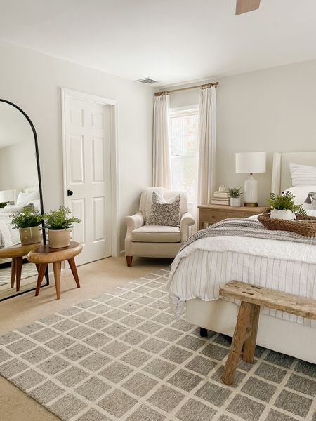 Modern coastal bedroom, Loloi rug, arch floor mirror, white bedding, Amazon drapes, nightstand 

#LTKstyletip #LTKhome