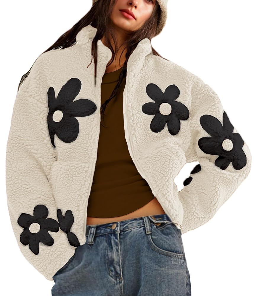 Maixang Womens Floral Print Sherpa Fleece Jackets Winter Zipper Cropped Coat Casual Long Sleeve O... | Amazon (US)