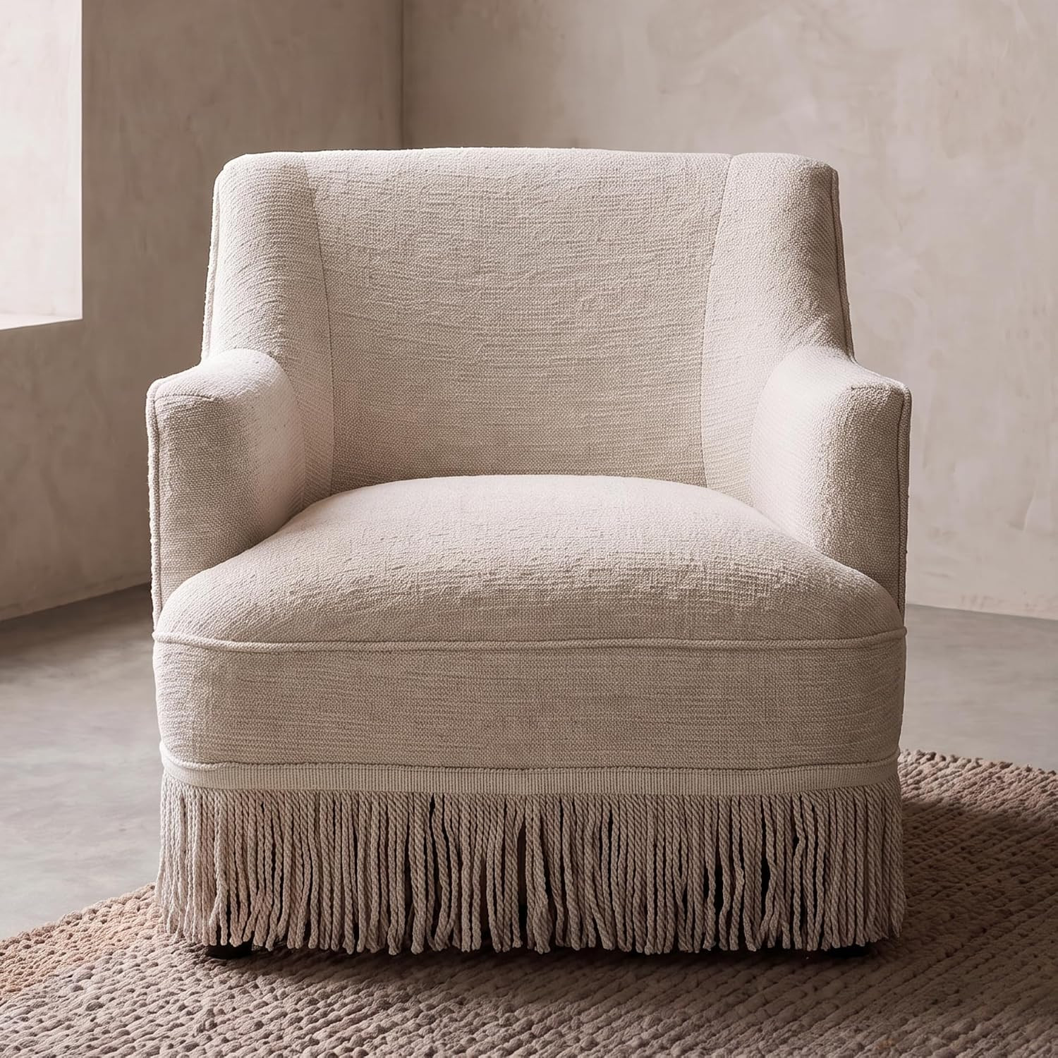 Hyfirm Accent Chair with Fringe Tassel Skirt, Modern Cream Beige Upholstered Barrel Armchair, Cozy Single Sofa Chair for Living Room, Bedroom Corner, Reading Nook, Vanity | Amazon (US)