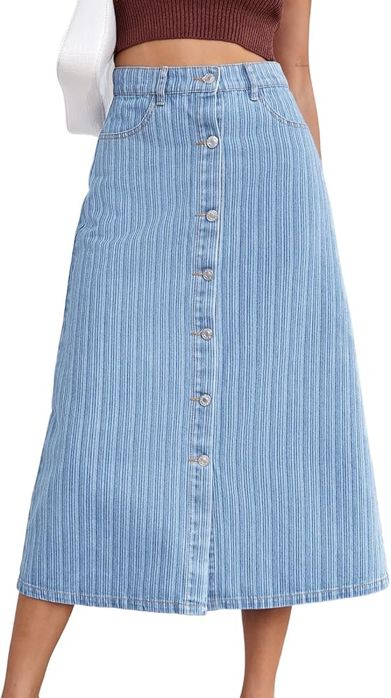 Long Denim Skirts for Women Maxi Paperbag High Waist Frayed Raw Hem A line Flare Jean Skirt with ... | Amazon (US)