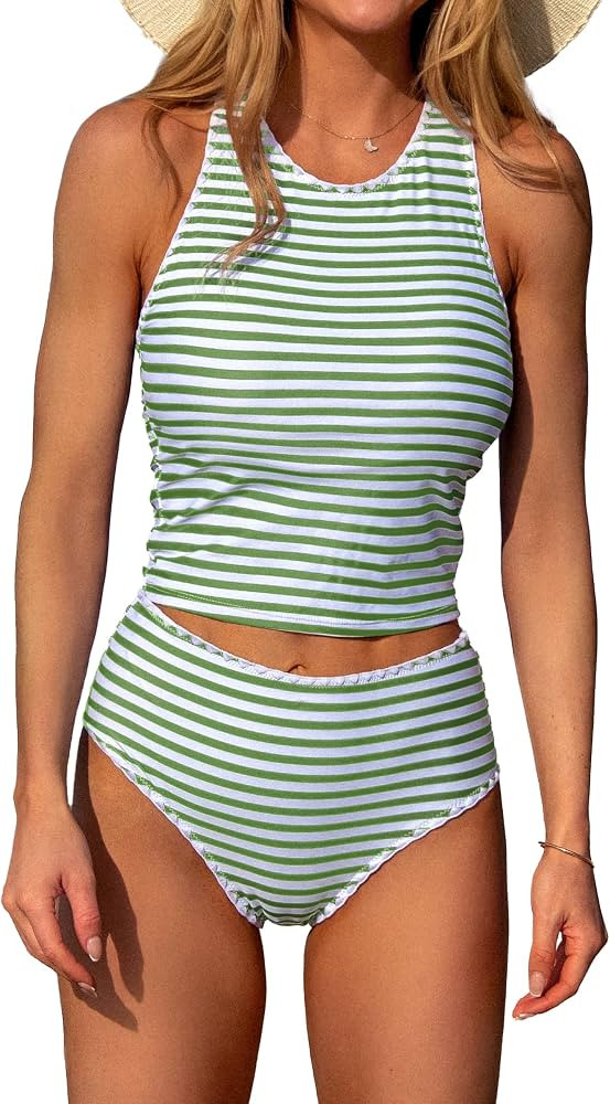 Beachsissi Women's White Trim Blue Round Neck Cutout Back Two Pieces Tankini Sets | Amazon (US)