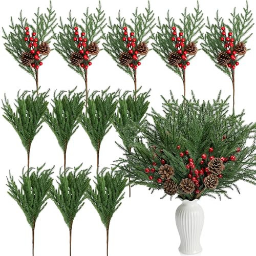 Nagobi 12 Pcs Christmas Pine Branches with Red Berry Pine Cones, 18 Inch Real Touch Artificial Pine Branches, Realistic Christmas Greenery Stems for Vases Garland Wreath Floral Arrangements | Amazon (US)