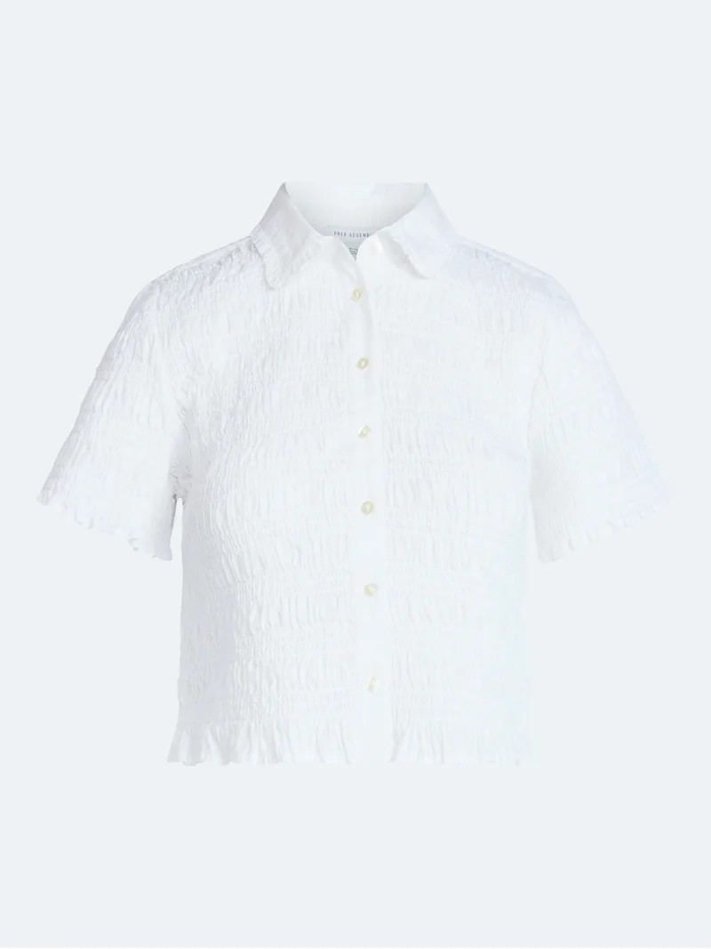 Free Assembly Women's Smocked Cotton Button Front Shirt with Short Sleeves XS-XXL | Walmart (US)