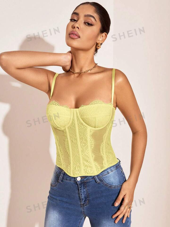 SHEIN BAE Women's Solid Color Lace Splice Mesh Camisole Top | SHEIN