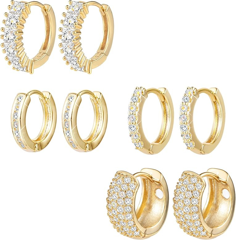 ALEXCRAFT Small Gold Hoop Earrings Set for Women Diamond Pave Gold Earrings Set with Sterling Sil... | Amazon (US)