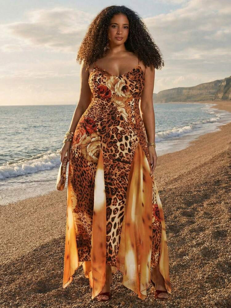 SHEIN BAE Plus Size Women's Asymmetrical Leopard Print Patchwork Spaghetti Strap Dress Tiger Print Dress Cheetah Dress Leopard Dress Havana Nights Outfit | SHEIN