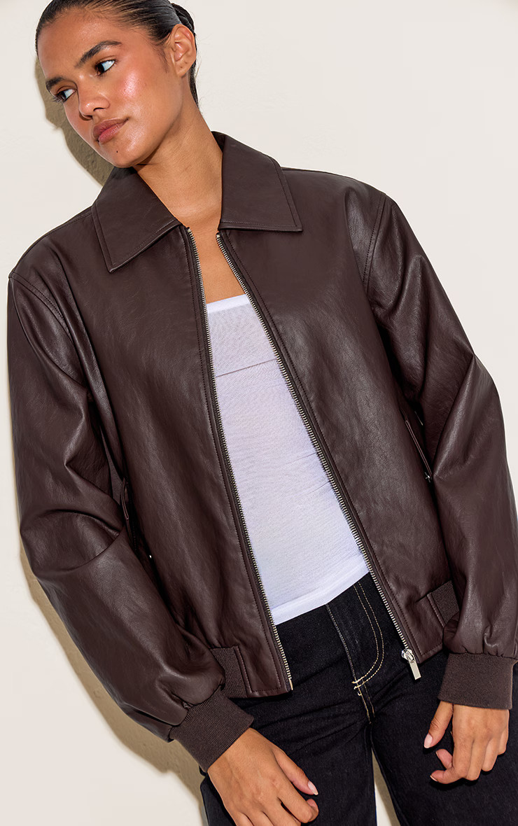 Dark Chocolate Faux Leather Bomber Jacket | PrettyLittleThing UK