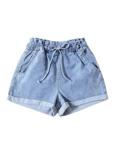 SOLY HUX Women's Summer Denim Shorts Drawstring Elastic Waist Straight Leg Jeans with Pockets Light Blue Small | Amazon (US)