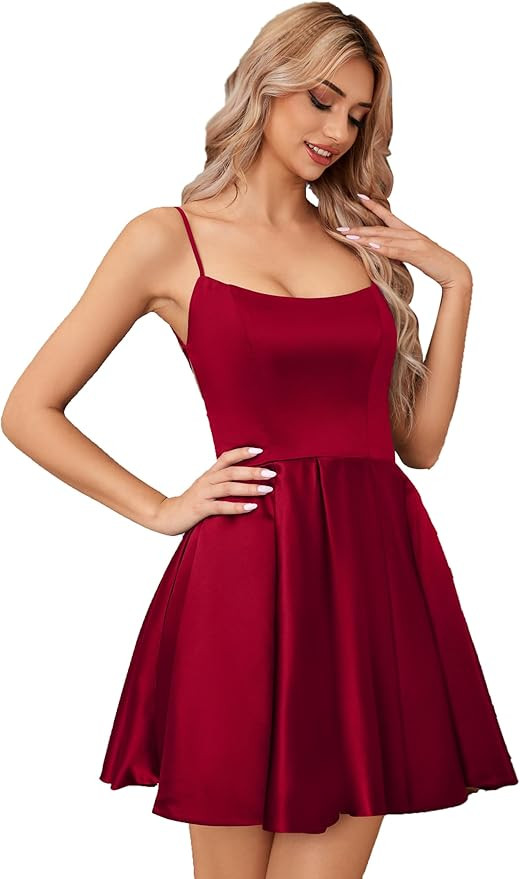 Satin Mini Homecomg Dress for Teens Short Backless with Pockets Spaghetti Strap Cocktail Dress | Amazon (US)