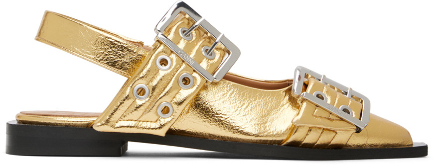 GANNI Gold Feminine Buckle Ballerina Flats | SSENSE