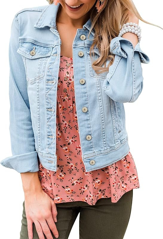 GRAPENT Women's Basic Button Down Long Sleeve Stretchy Jean Trucker Denim Jacket | Amazon (US)