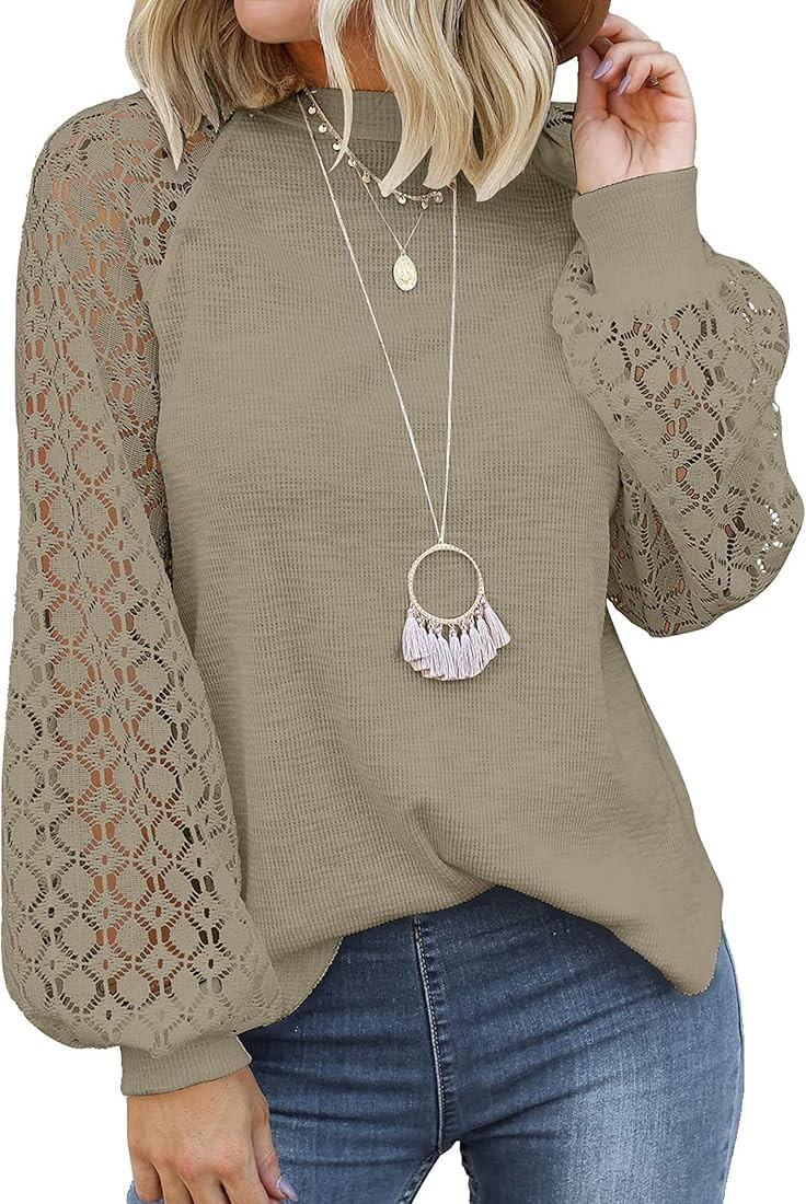 MIHOLL Women’s Long Sleeve Tops Lace Casual Loose Blouses T Shirts | Amazon (US)