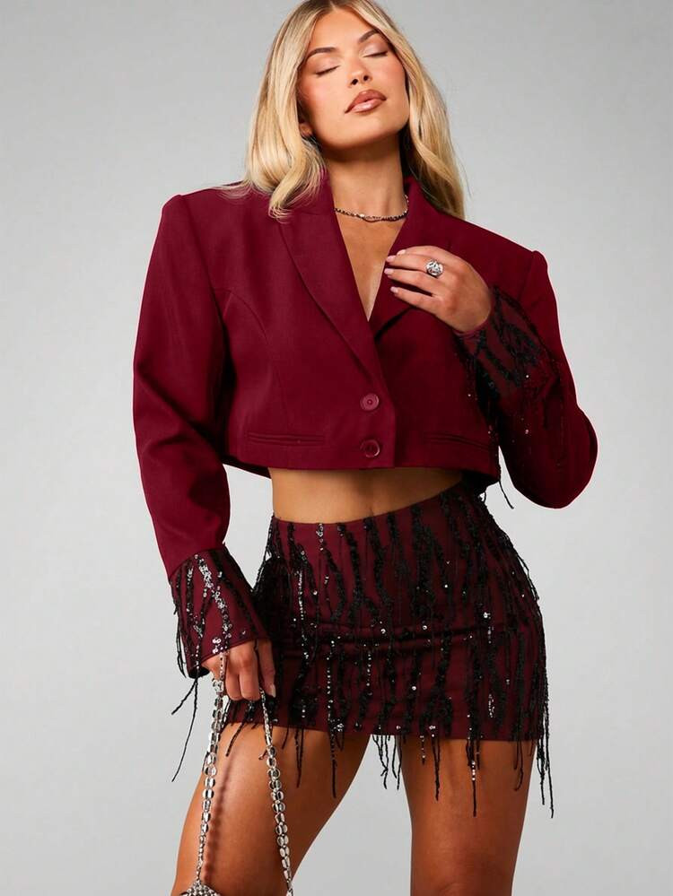MISSGUIDED Burgundy Cropped Double Breasted Blazer With Sequin Cuff Details Business Formal Evening Wear Jacket | SHEIN
