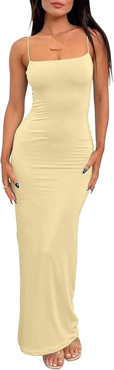 LILLUSORY Womens Summer Casual Slip Dresses Spaghetti Strap Double Lined Bodycon Maxi Dress | Amazon (US)